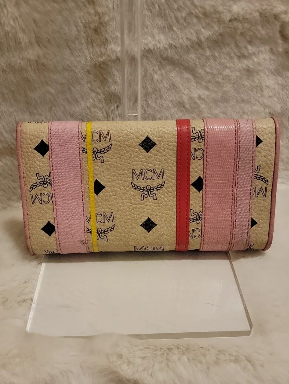 MCM Cream Wallet with Pink, Red and Yellow Stripe Accents